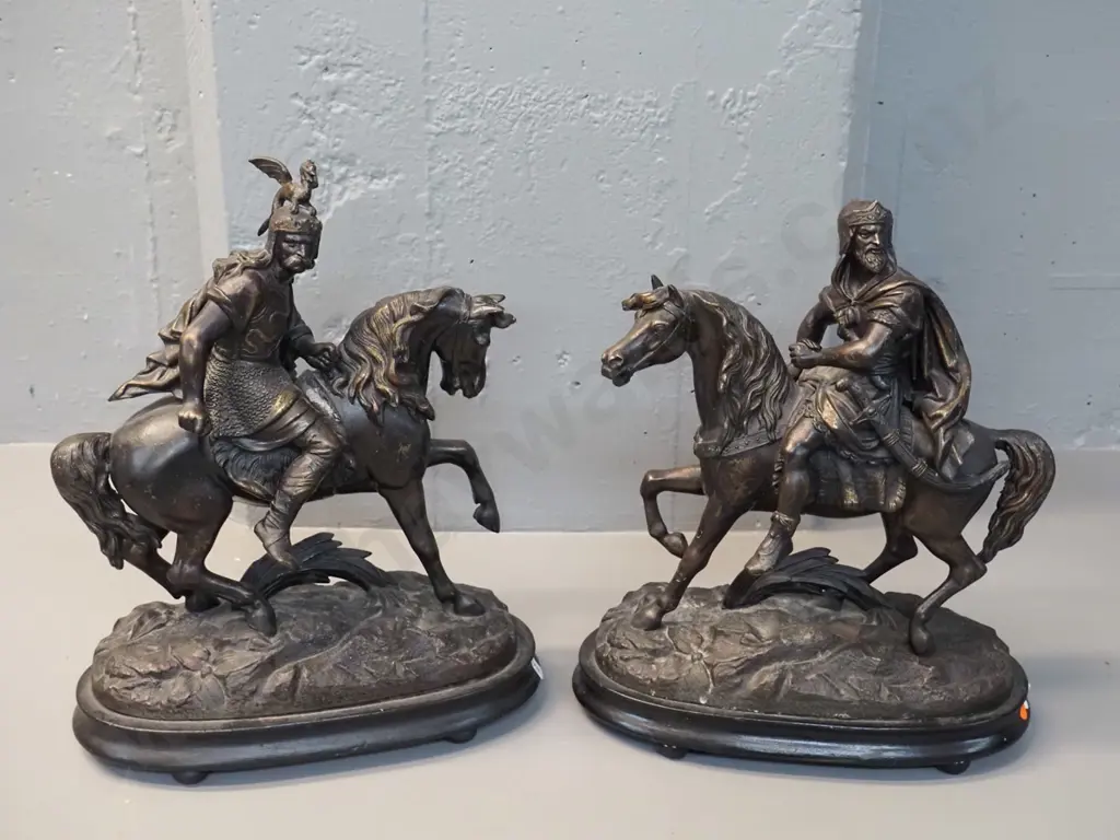 pair of vintage spelter horse & warrior figures on timber bases - one rider loose, has had repair H-370 L-300 W-150 Image 1++