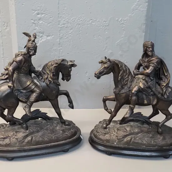 pair of vintage spelter horse & warrior figures on timber bases - one rider loose, has had repair H-370 L-300 W-150