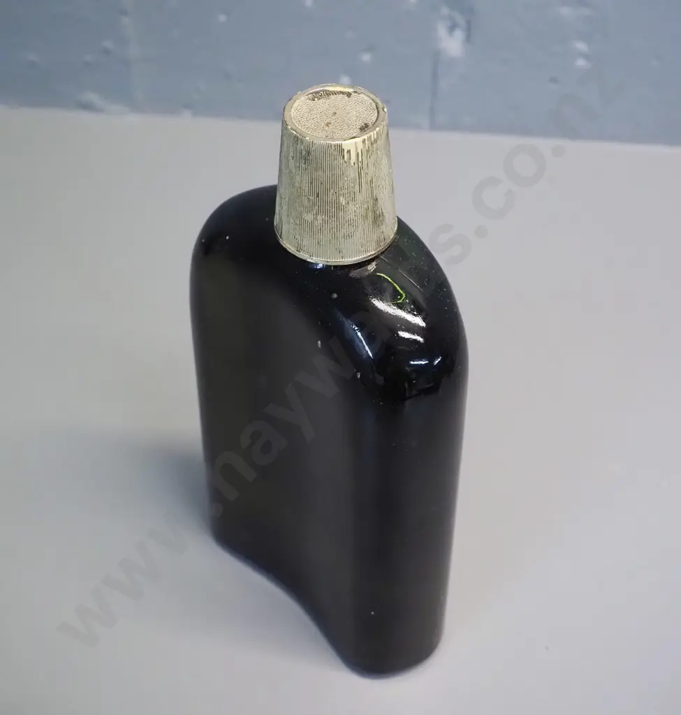 Queen Ann Rare Scotch Whisky - black label, hip flask bottle shape, with contents, seal broken H-190 Image 1++