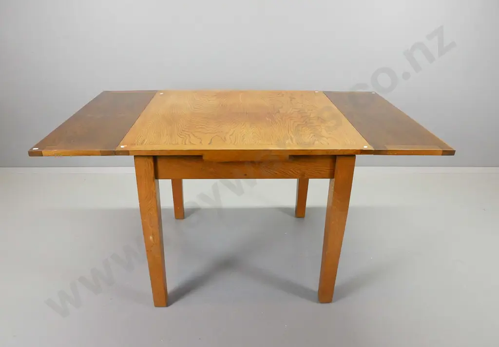 vintage oak drawer leaf table and four slat back chairs with pop-out covered seats, wear to surface on table Image 1++