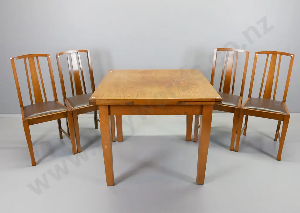 vintage oak drawer leaf table and four slat back chairs with pop-out covered seats, wear to surface on table Image 1++