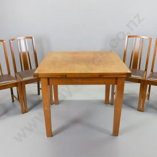 vintage oak drawer leaf table and four slat back chairs with pop-out covered seats, wear to surface on table