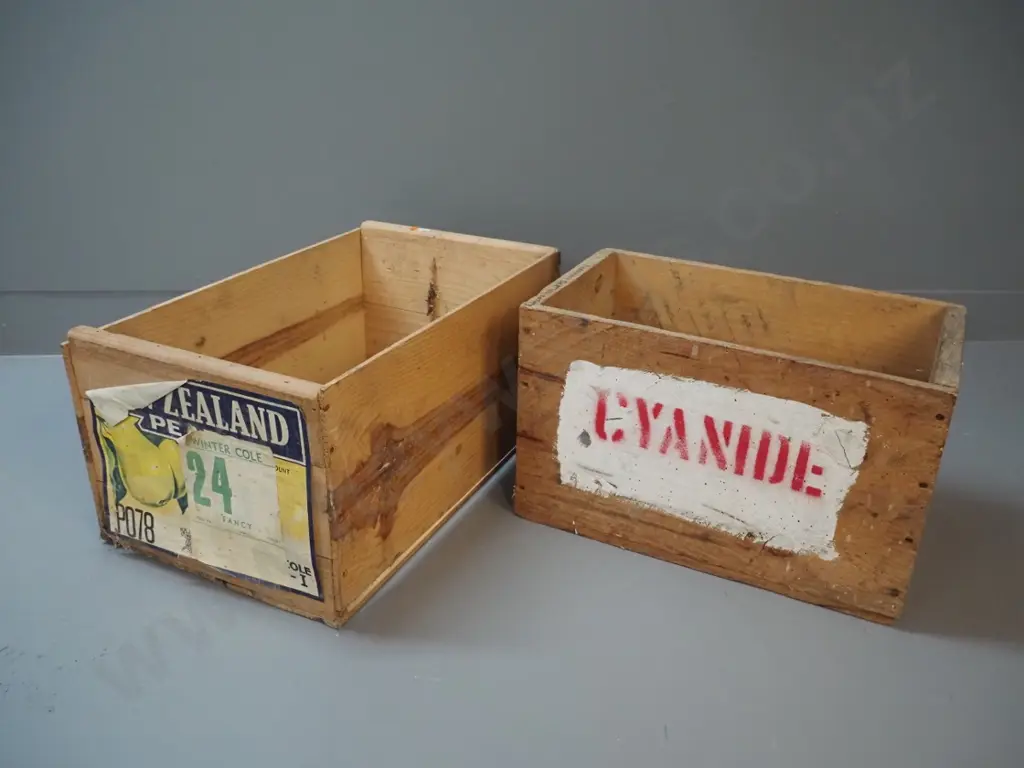two vintage wooden crates - Winter Cole NZ Pears, H240 L-500 W-310, other with stencil-painted "Cyanide" - both have Image 1++