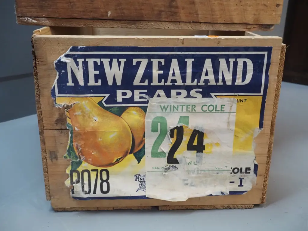 two vintage wooden crates - Winter Cole NZ Pears, H240 L-500 W-310, other with stencil-painted "Cyanide" - both have Image 1++