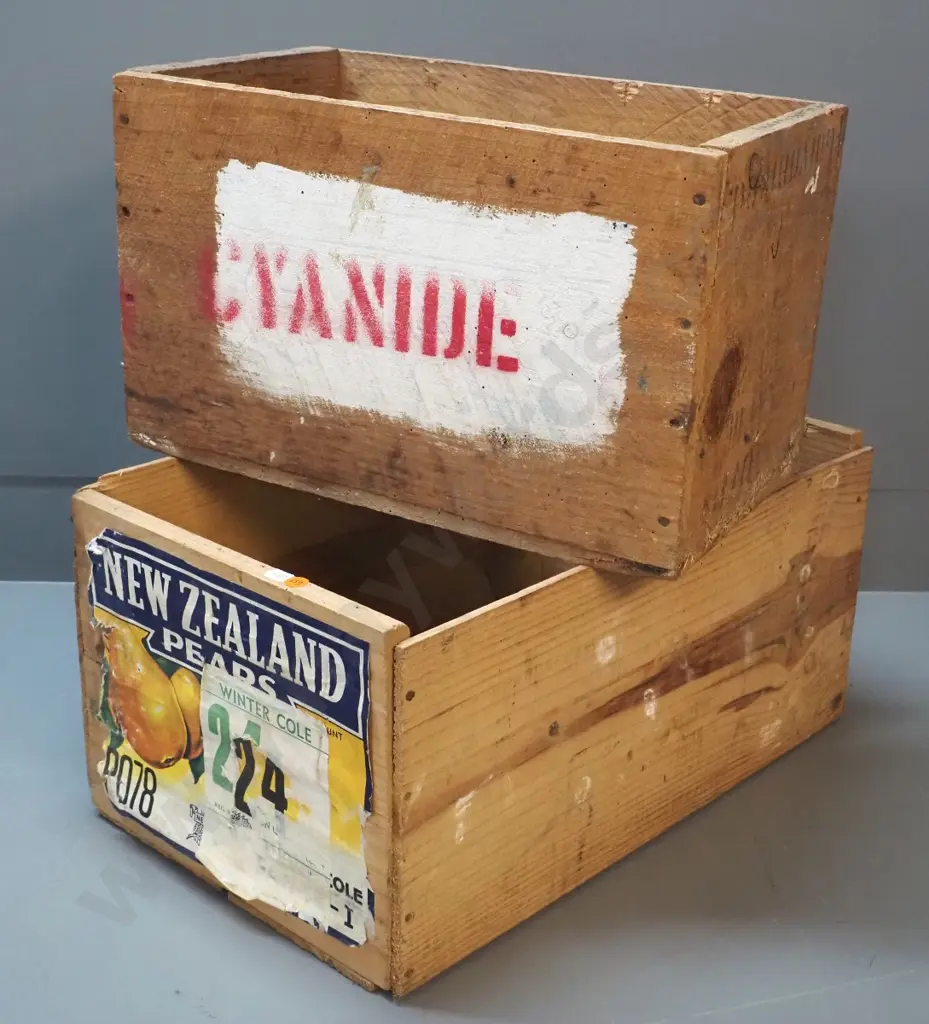 two vintage wooden crates - Winter Cole NZ Pears, H240 L-500 W-310, other with stencil-painted "Cyanide" - both have Image 1++