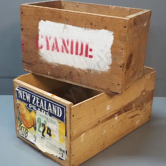two vintage wooden crates - Winter Cole NZ Pears, H240 L-500 W-310, other with stencil-painted "Cyanide" - both have