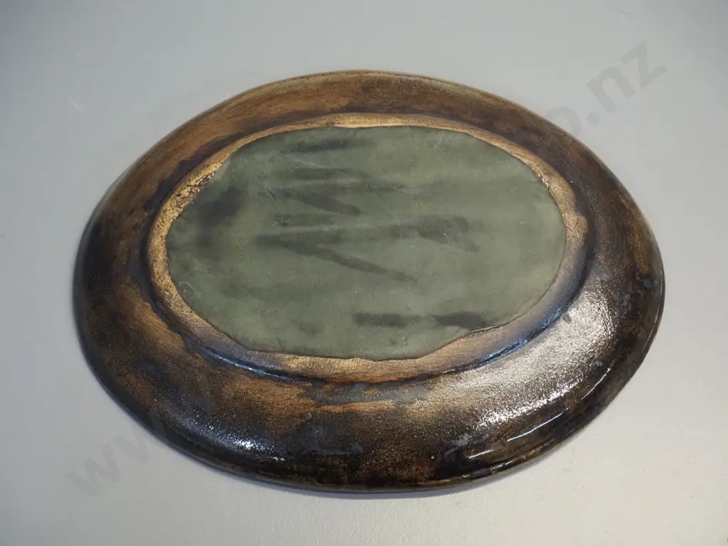 studio pottery oval platter with raised spider & web decoration L-340 W-270 - no maker's mark Image 1++