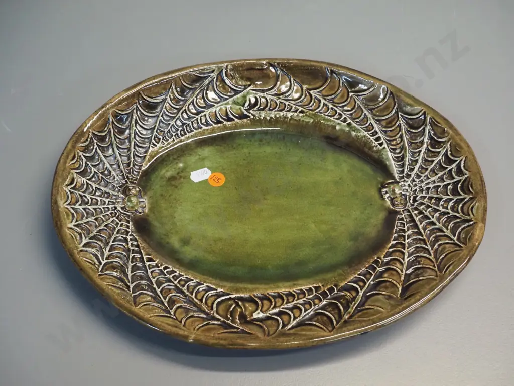studio pottery oval platter with raised spider & web decoration L-340 W-270 - no maker's mark Image 1++