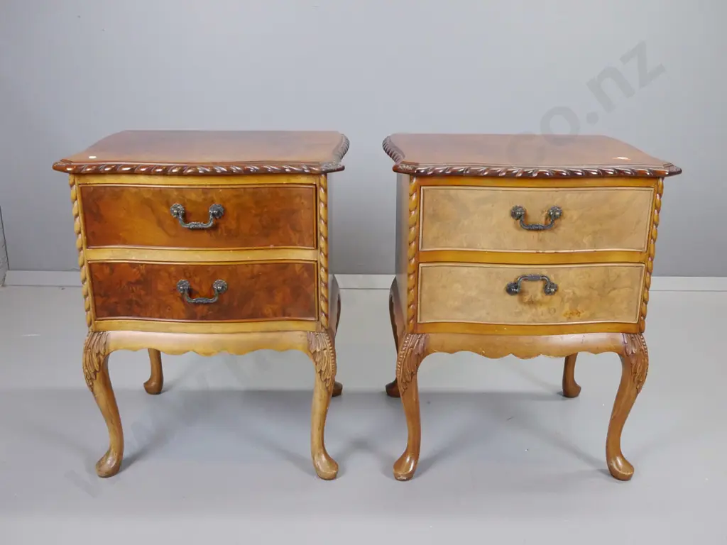 pair of reproduction walnut 2-drawer bedside cabinets with cab legs with foliate knees - marks to finish on top H620 Image 1++