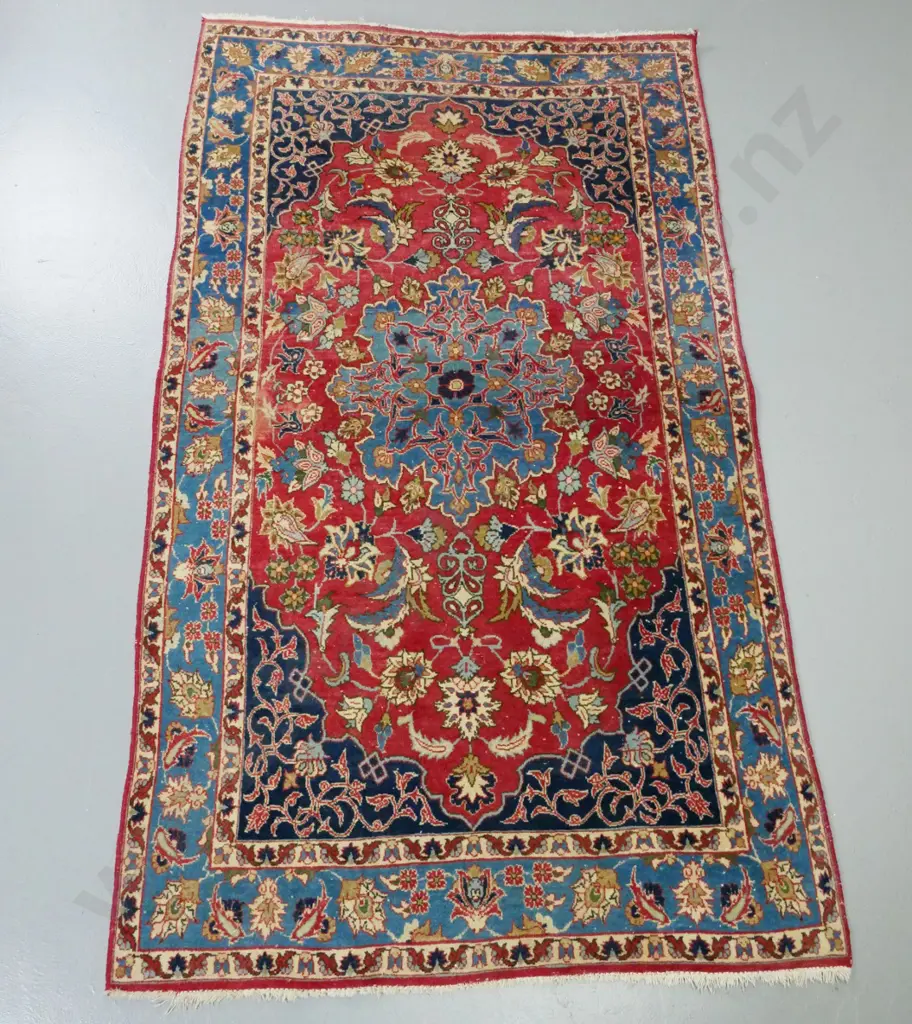 Iranian hand-knotted wool floor rug - red, blues and cream - foliate & floral motifs. Some wear & fading. L-1580 W-980 Image 1++