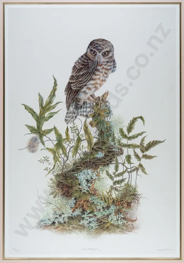 Karen Baddock - framed limited edition print 50/250 "N.Z. Morepork" H-555 W-390 - underside of glass needs cleaning Image 1++