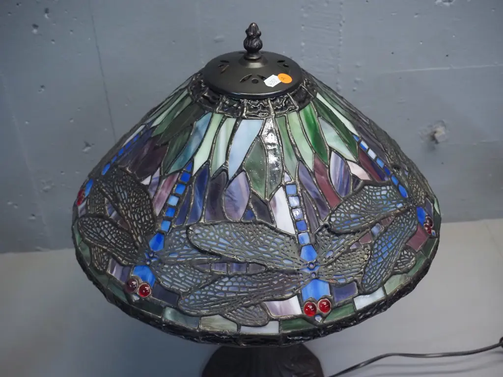 reproduction Tiffany style bronze finish table lamp w/ dragonfly pattern leadlight shade H-510 D-400 Image 1++