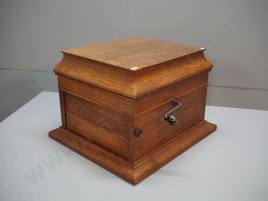 oak-cased Columbia wind-up gramophone Model 119. Needs work - quiet, speed varies, w/ tin of needles and record cleaner Image 1++