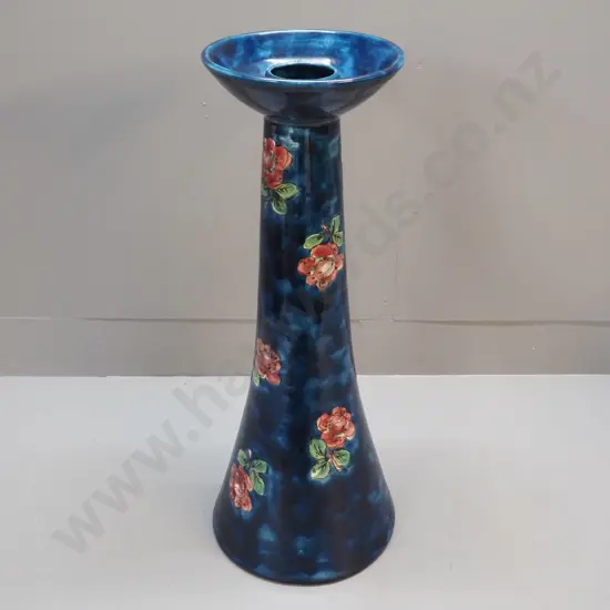 pottery floral motifs mottle glaze jardiniere or ornamental stand, partial label - German? H600 D-210 at top