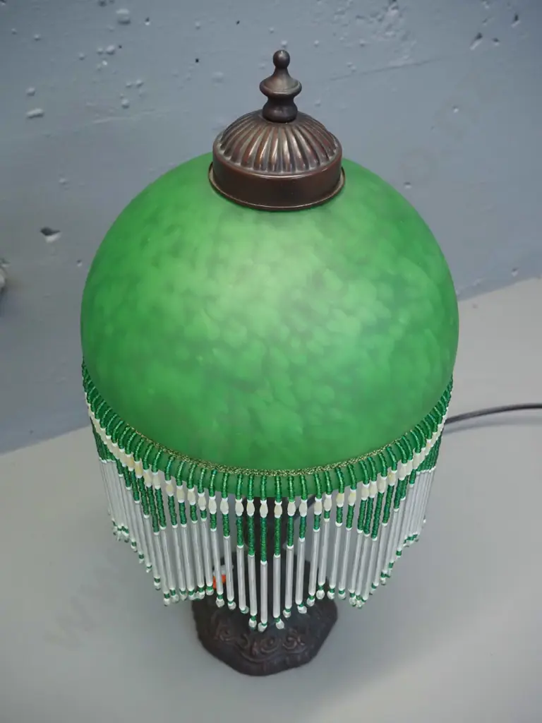 reproduction bronze finish cast metal table lamp - mottled green glass shade with beaded trim H-430 D-200 Image 1++