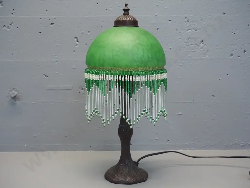 reproduction bronze finish cast metal table lamp - mottled green glass shade with beaded trim H-430 D-200 Image 1++