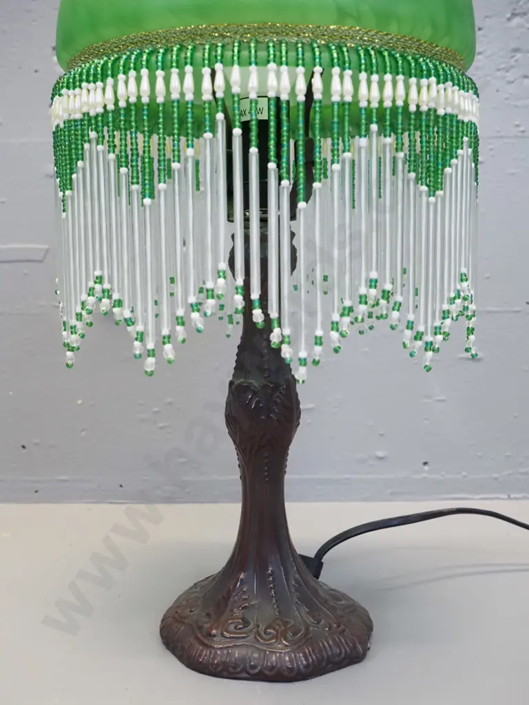 reproduction bronze finish cast metal table lamp - mottled green glass shade with beaded trim H-430 D-200 Image 1++