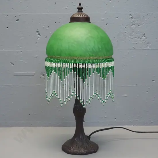 reproduction bronze finish cast metal table lamp - mottled green glass shade with beaded trim H-430 D-200