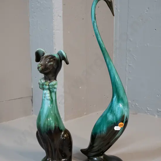 2 Blue Mountain Pottery animal figures - tall long necked bird H-470and a sitting dog H-340