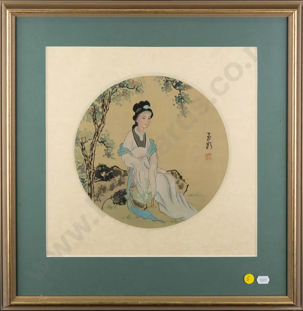 framed Japanese watercolour - seated woman H-300 W-300 Image 1++