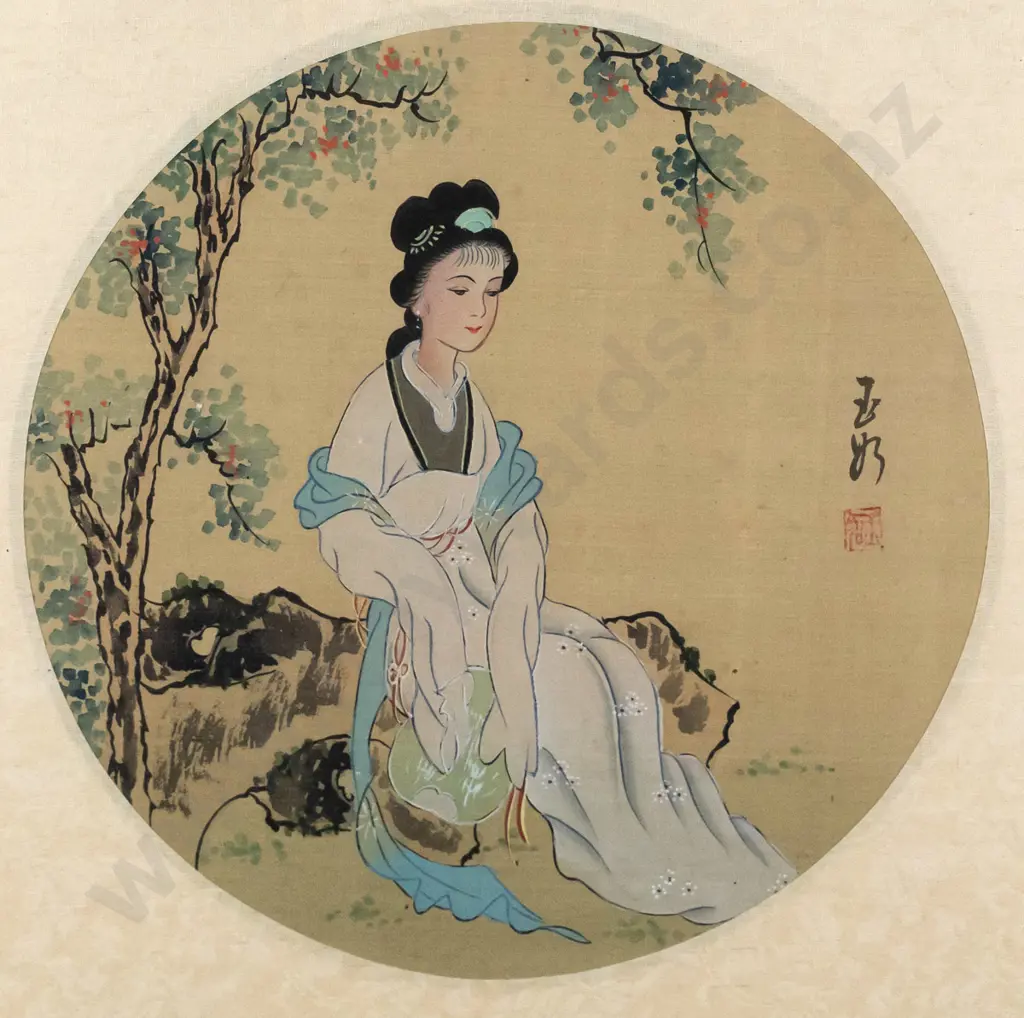 framed Japanese watercolour - seated woman H-300 W-300 Image 1++
