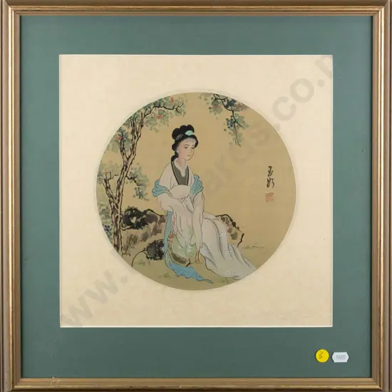 framed Japanese watercolour - seated woman H-300 W-300