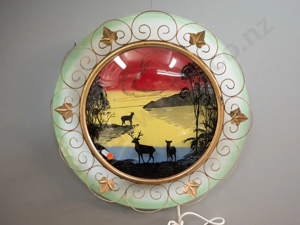 retro glass and metal wall light with green & white surround, deer scene in centre D-430 Image 1++