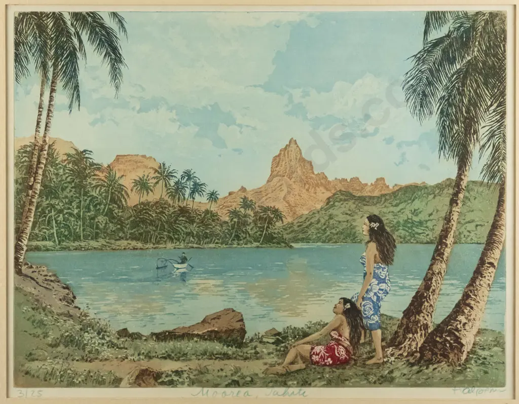 framed ltd edition print 3/25 "Moorea, Tahiti" H-250 W-350 (foxing to mat) Image 1++