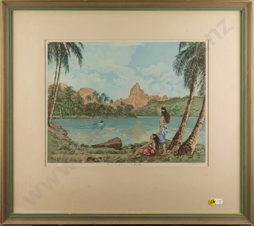 framed ltd edition print 3/25 "Moorea, Tahiti" H-250 W-350 (foxing to mat) Image 1++