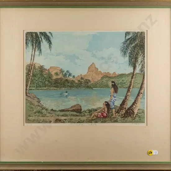 framed ltd edition print 3/25 "Moorea, Tahiti" H-250 W-350 (foxing to mat)