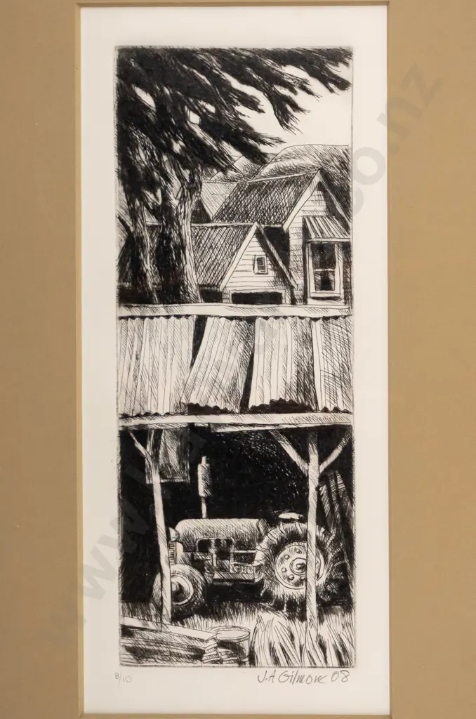 JA Gilmore '08 - framed etching 8/10 - tractor in shed H-240 W-95 Image 1++