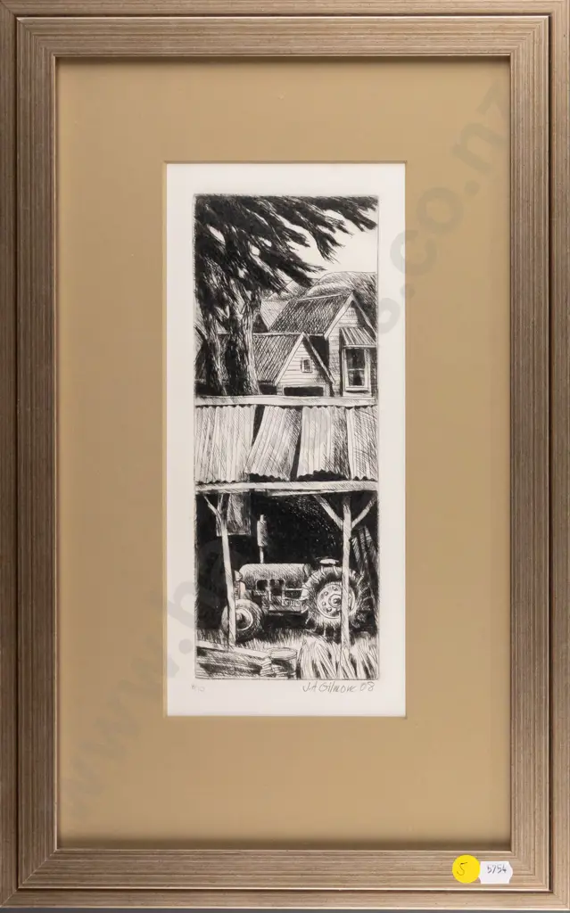 JA Gilmore '08 - framed etching 8/10 - tractor in shed H-240 W-95 Image 1++