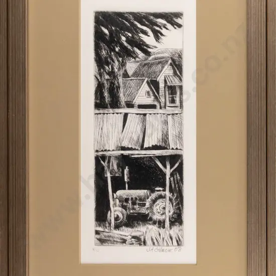 JA Gilmore '08 - framed etching 8/10 - tractor in shed H-240 W-95