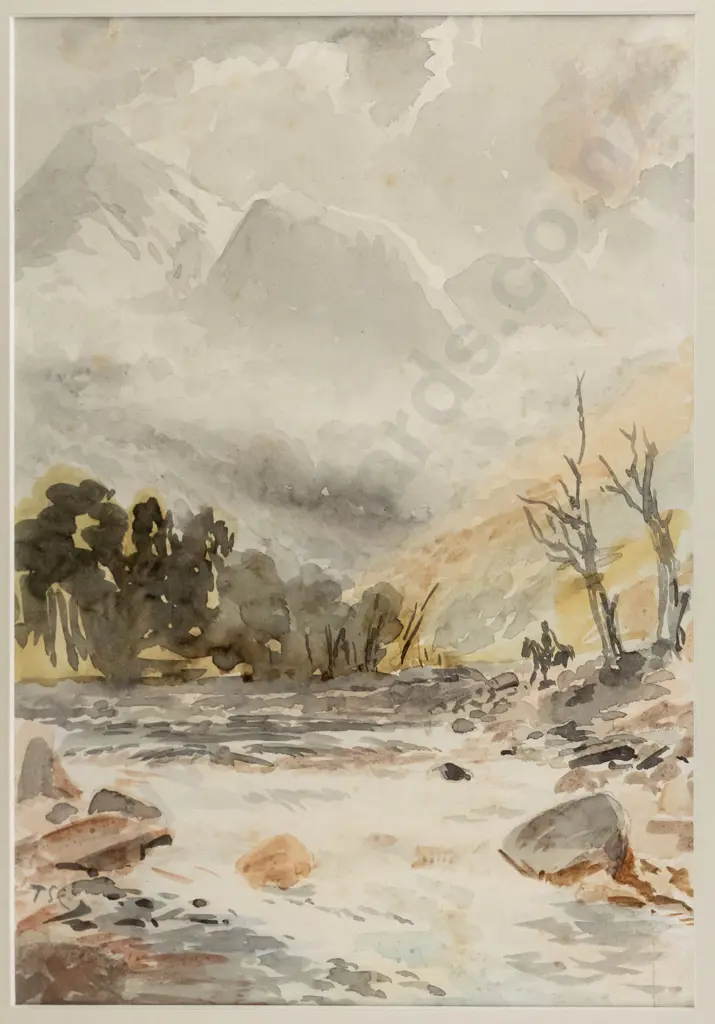 T Cousins - framed watercolour - river and mountain scene (small rip in one corner) H-315 W-215 Image 1++