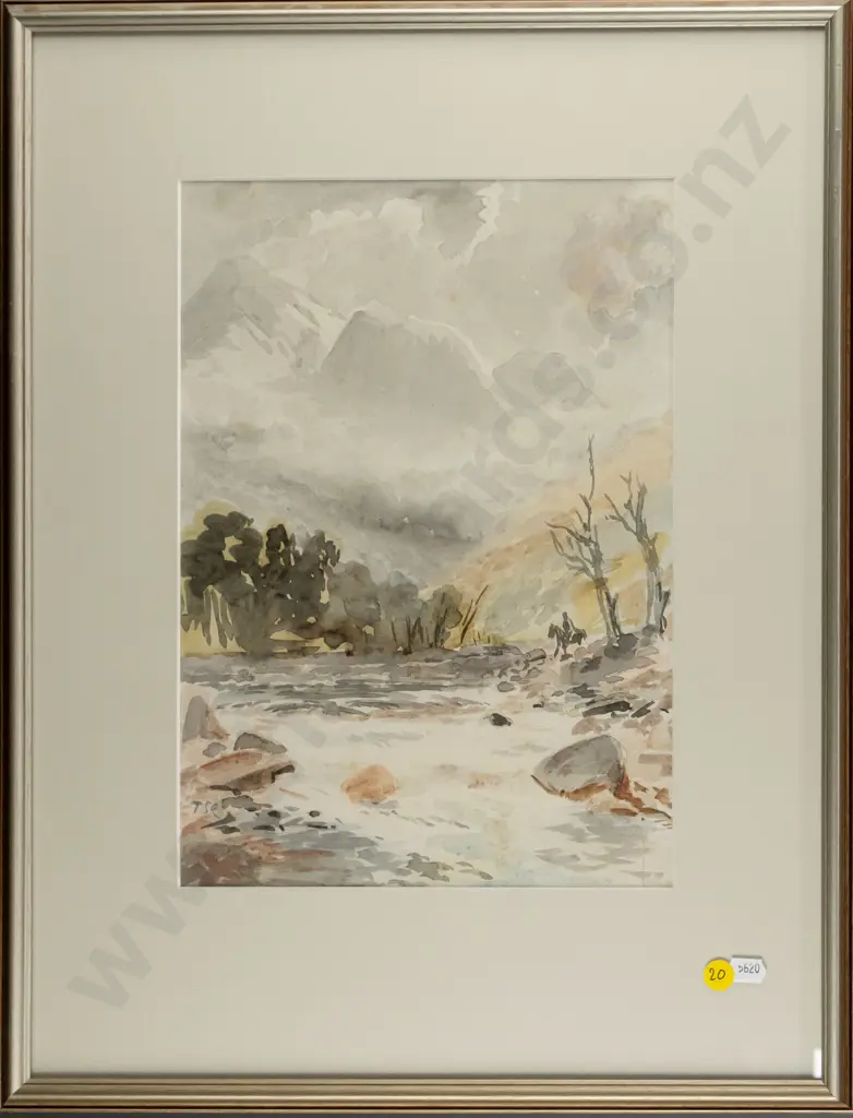 T Cousins - framed watercolour - river and mountain scene (small rip in one corner) H-315 W-215 Image 1++