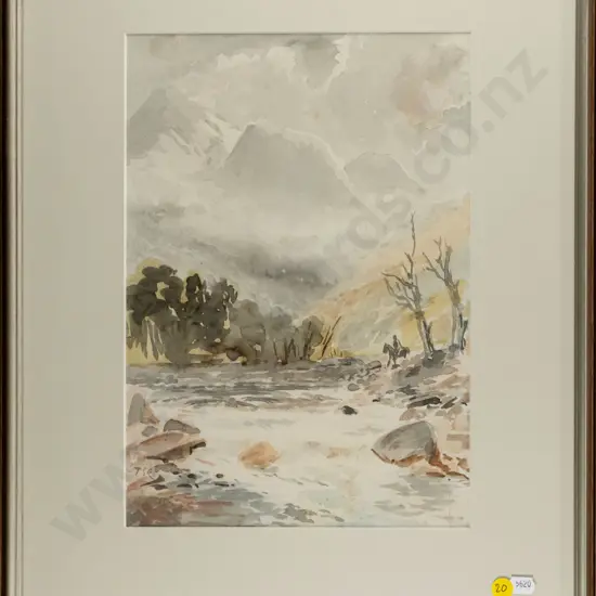 T Cousins - framed watercolour - river and mountain scene (small rip in one corner) H-315 W-215