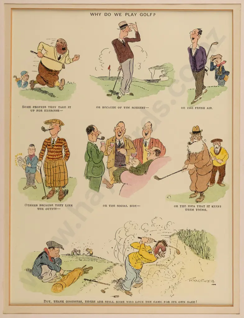 framed vintage print "Why Do We Play Golf?" H-230 W-170 (slight marking to mat) Image 1++