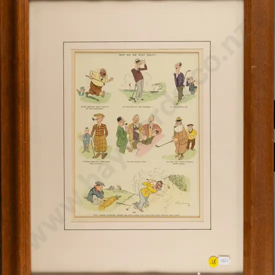 framed vintage print "Why Do We Play Golf?" H-230 W-170 (slight marking to mat)