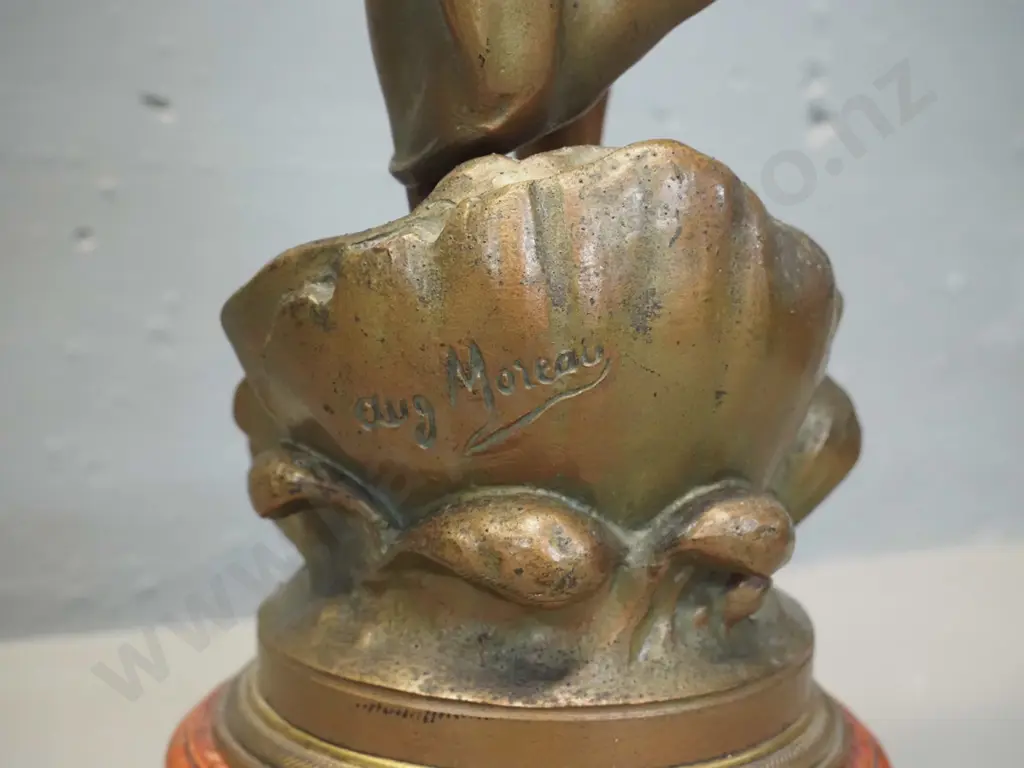 vintage cast bronze marked Aug. Moreau, on timber base - classical style woman with "Liberty" placque - missing torch Image 1++