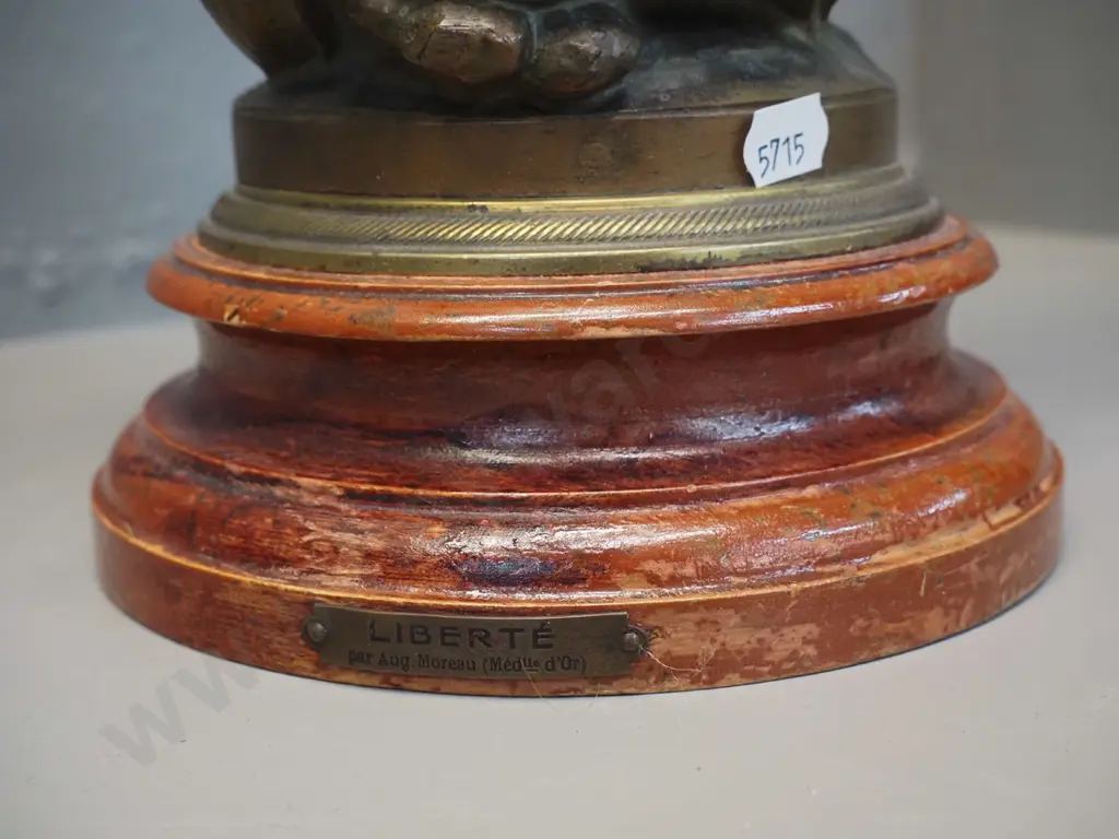 vintage cast bronze marked Aug. Moreau, on timber base - classical style woman with "Liberty" placque - missing torch Image 1++