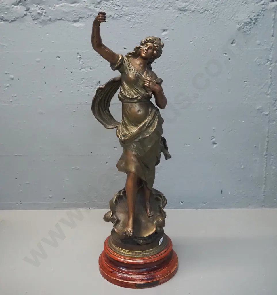 vintage cast bronze marked Aug. Moreau, on timber base - classical style woman with "Liberty" placque - missing torch Image 1++