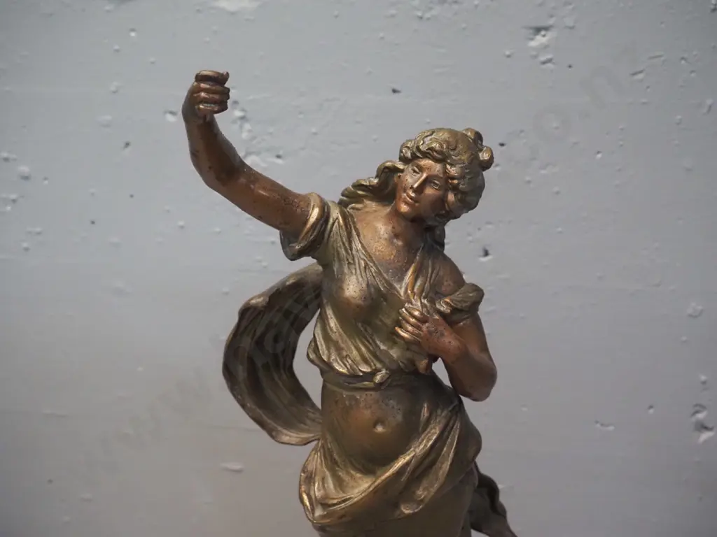 vintage cast bronze marked Aug. Moreau, on timber base - classical style woman with "Liberty" placque - missing torch Image 1++