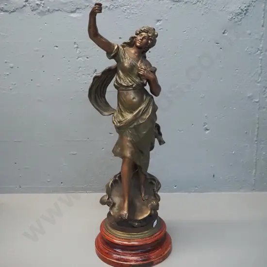 vintage cast bronze marked Aug. Moreau, on timber base - classical style woman with "Liberty" placque - missing torch