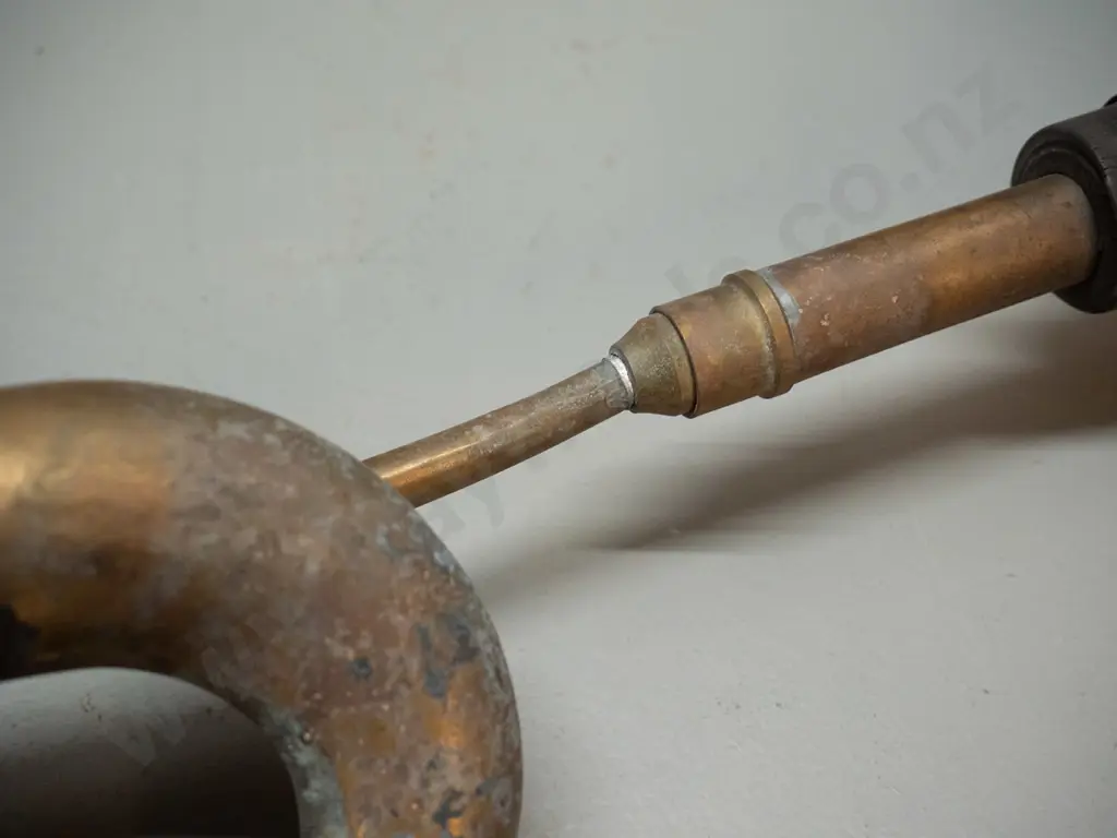 vintage brass car horn with black rubber bulb - slightly bent / wobbly where it has had repair L-400 Image 1++