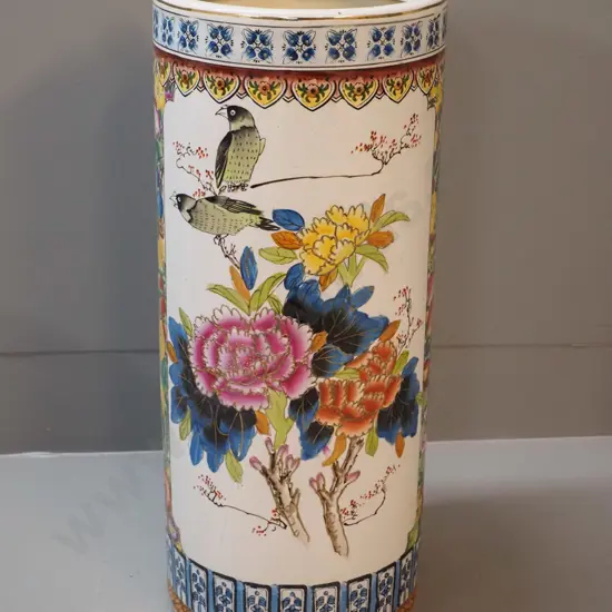 Chinese tall vase or umbrella stand with chrysanthemum and bird motifs - hairline crack H-475 D-190