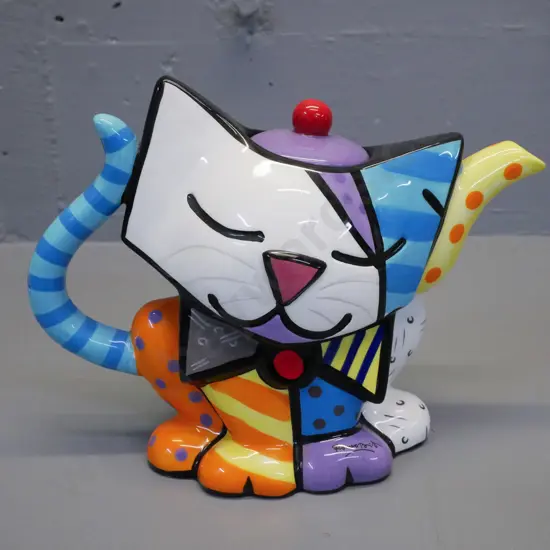 Romero Britto ceramic teapot - colourful smiling cat design H-200 W-255