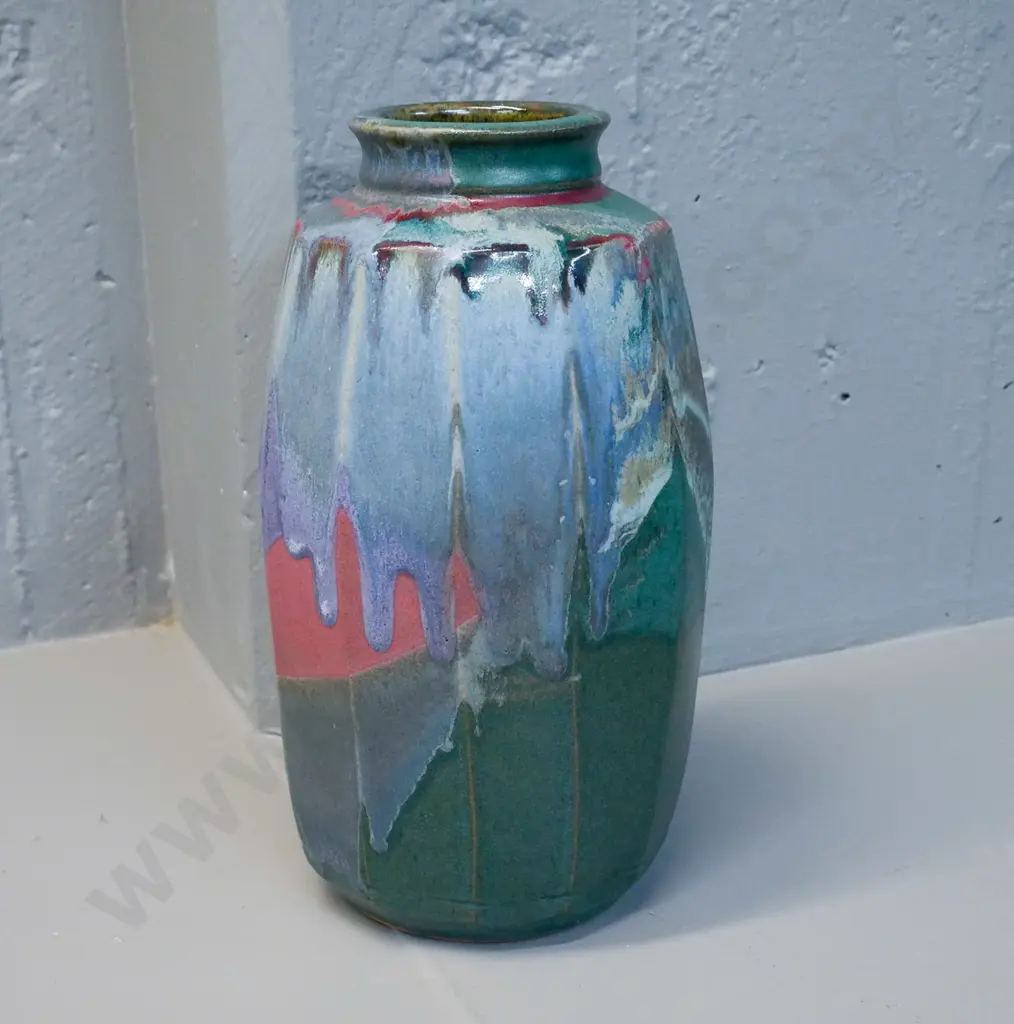 David Huffman New Zealand studio pottery multi colour drip glaze vase H-300 D-160 Image 1++