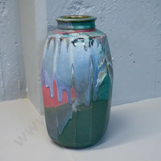 David Huffman New Zealand studio pottery multi colour drip glaze vase H-300 D-160