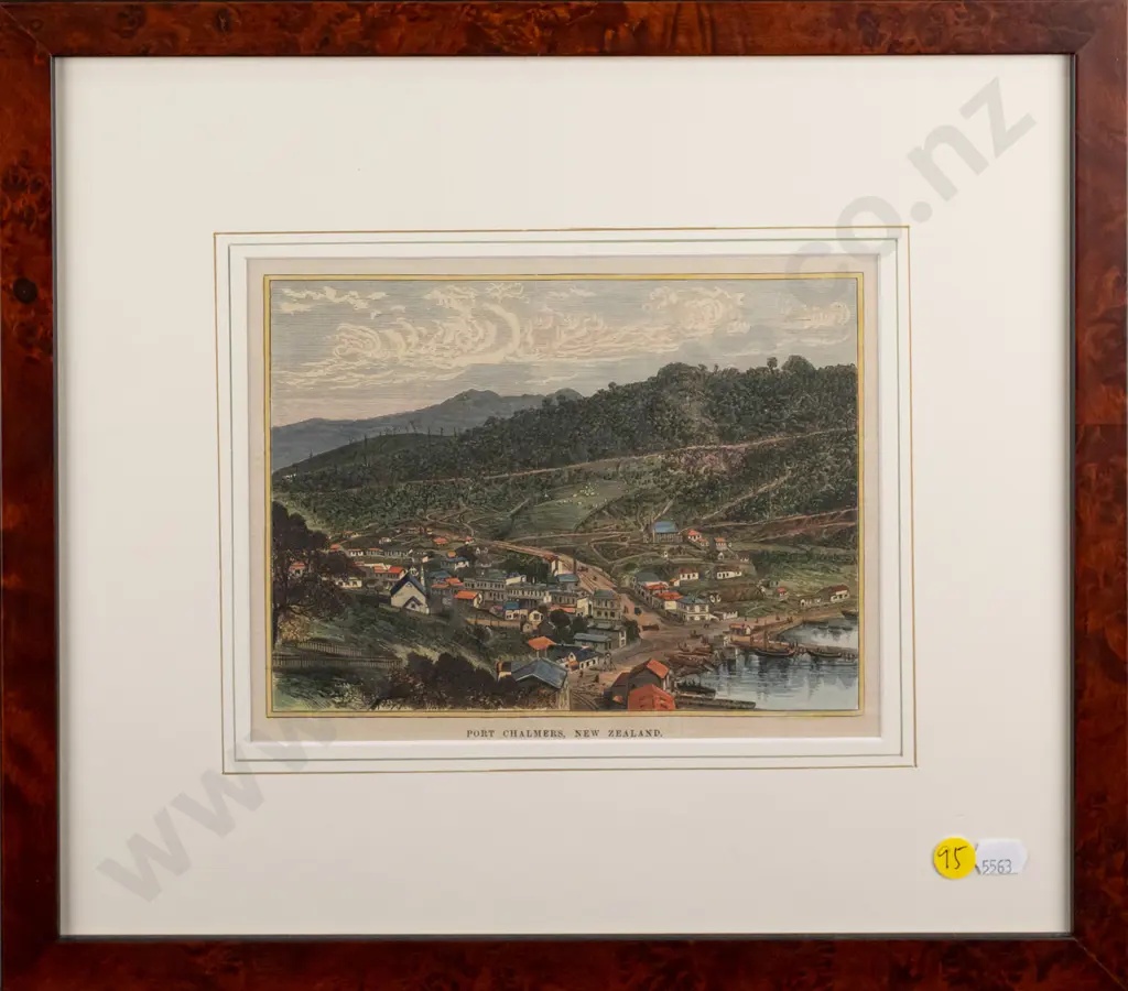 framed vintage hand coloured engraving  "Port Chalmers New Zealand"  H-140 W-190 (some creasing) Image 1++