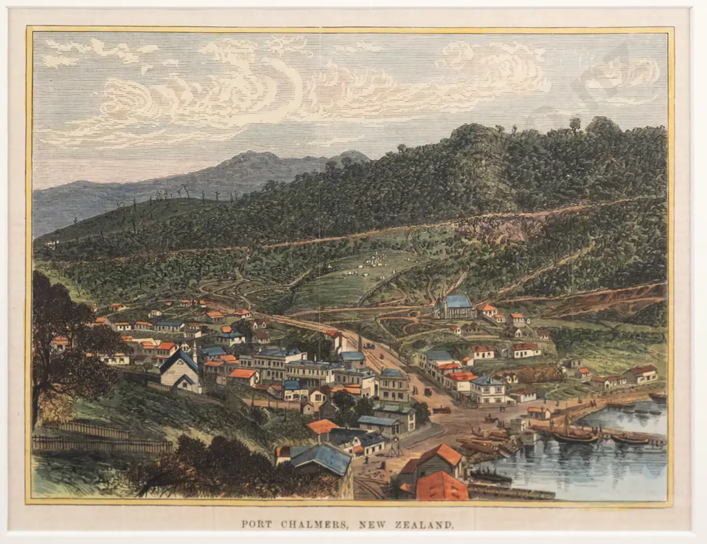 framed vintage hand coloured engraving  "Port Chalmers New Zealand"  H-140 W-190 (some creasing) Image 1++